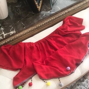 Red Off-Shoulder Top with Pom Pom Trim